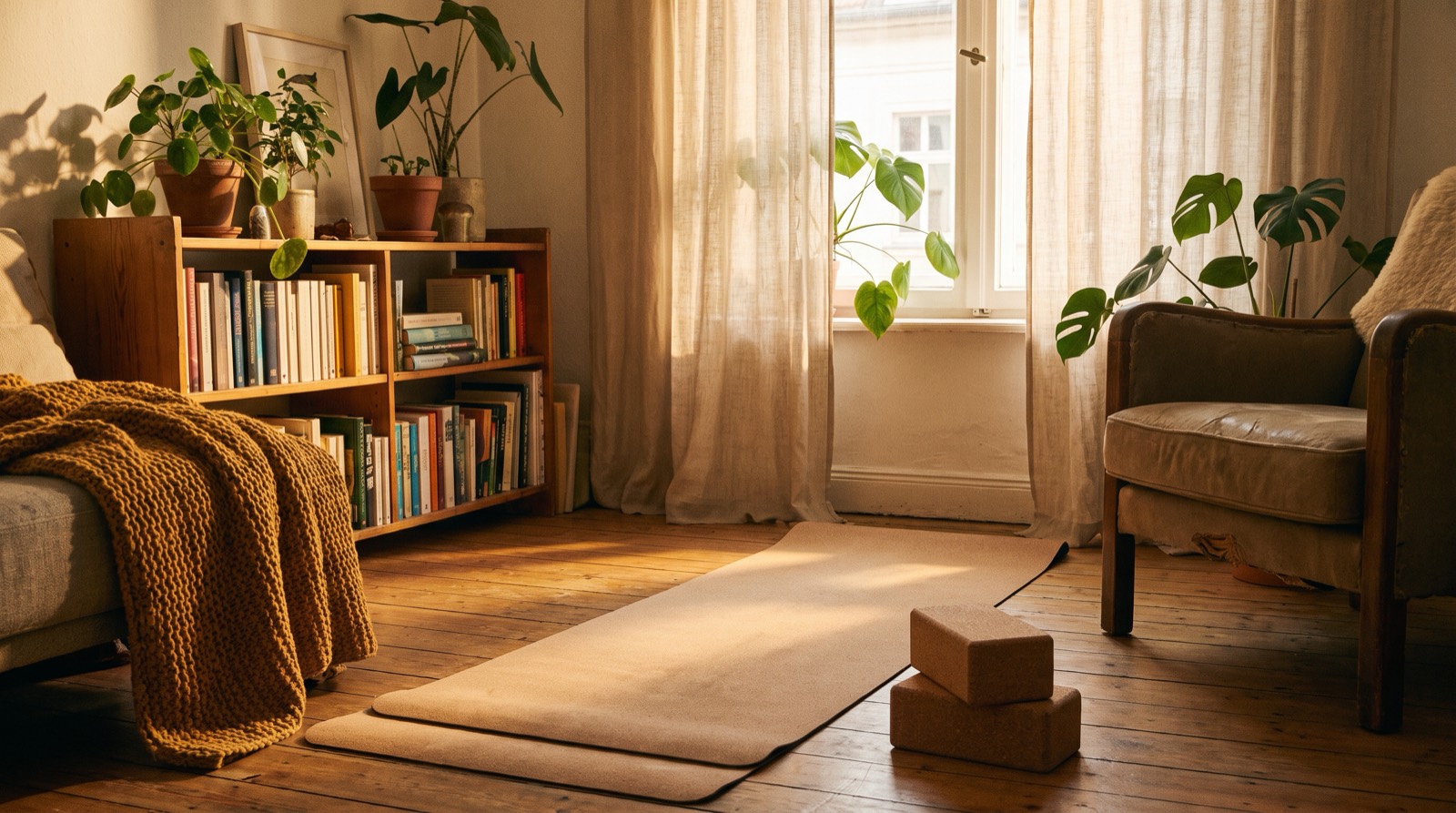 A home practice corner with an unrolled mat in morning sun