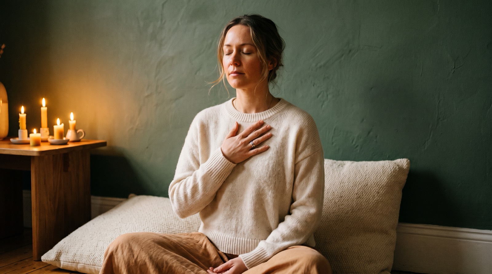 A woman seated in candlelight, one hand resting at her sternum