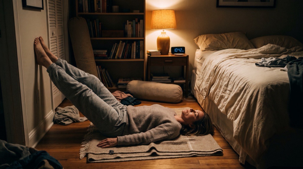 A woman resting in a supported reclining pose at dusk