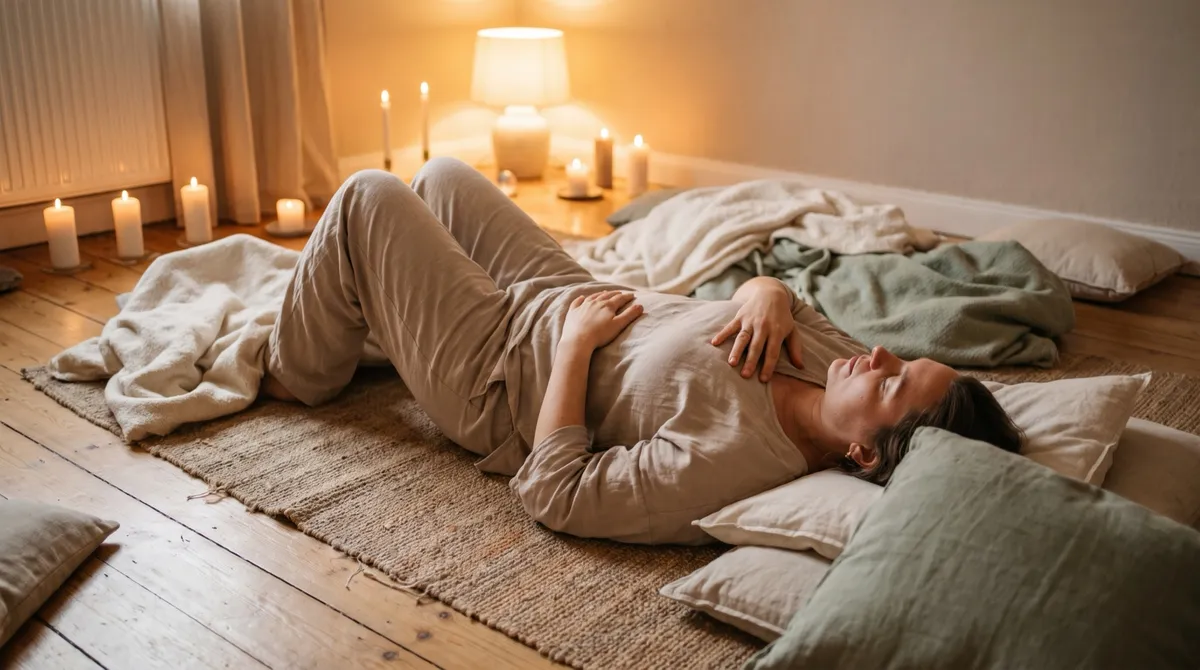 A person lying on a mat, one hand on chest and one on belly