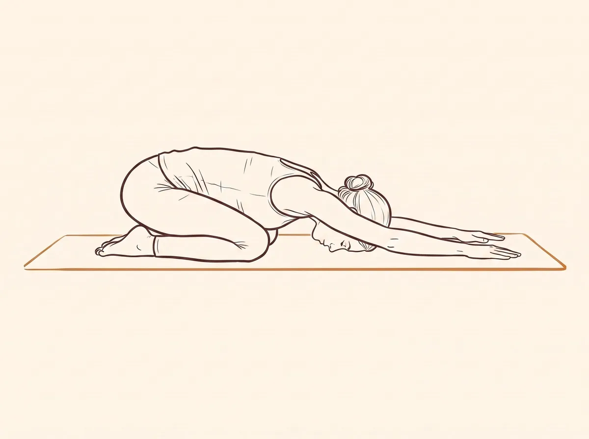 Ink line drawing of Child's Pose (Bālāsana)