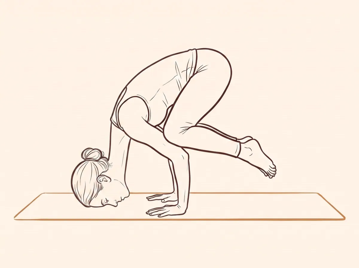 Ink line drawing of Crane Pose with Head on the Mat (Bakāsana) - final position