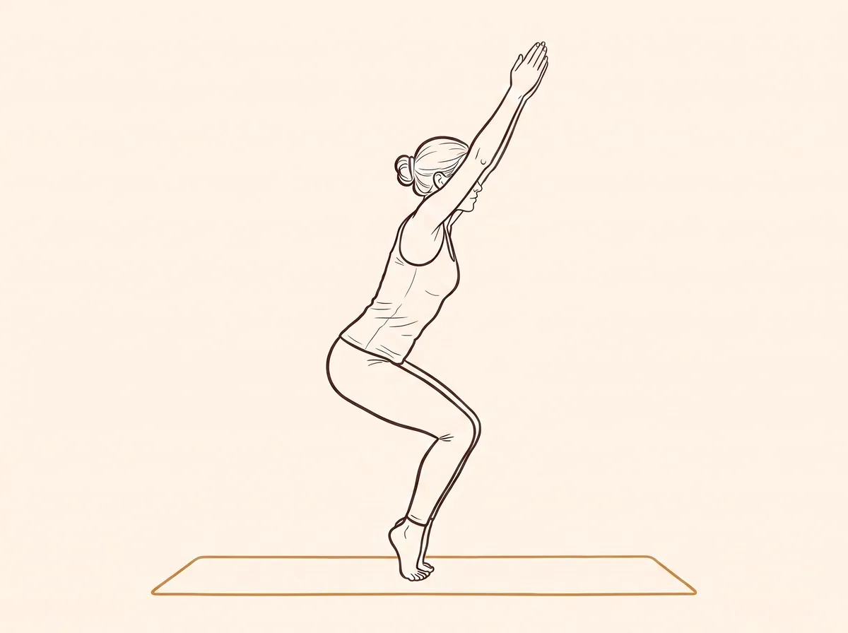 Ink line drawing of Chair Pose on Toes (Utkaṭāsana) - final position