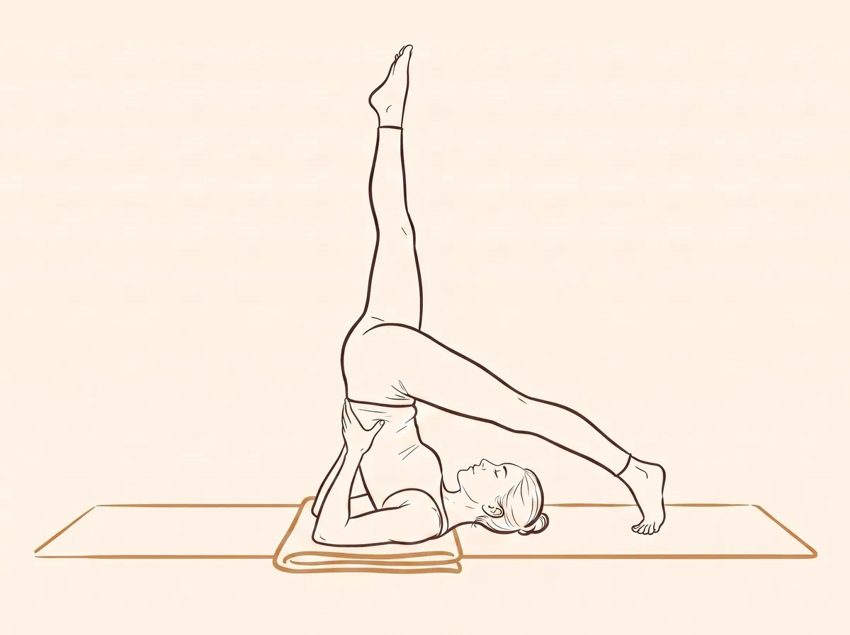 Ink line drawing of Supported Shoulderstand with Right Leg Lowered Behind the Head (Eka Pāda Sarvāṅgāsana) - final position