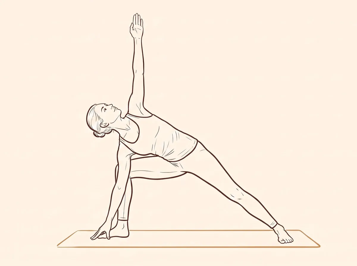 Ink line drawing of Bikram Triangle Pose (Right) (Utthita Trikoṇāsana, Bikram variation) - final position