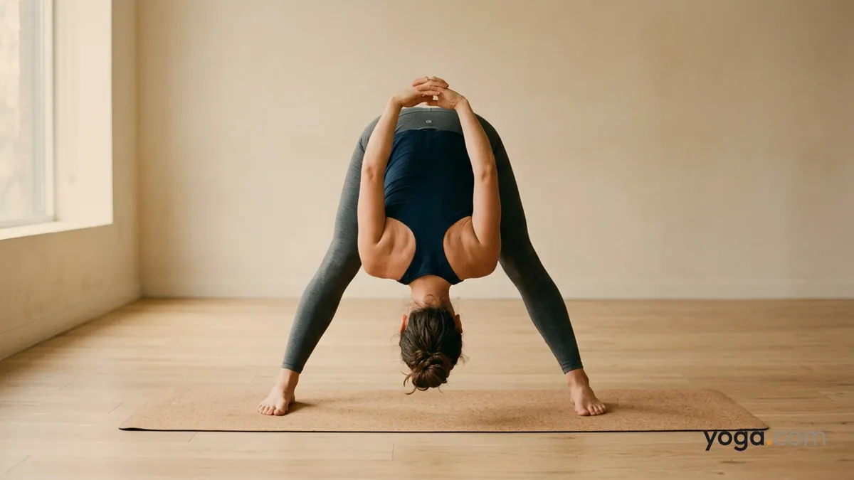 Wide-Legged Forward Bend with Hands Lock (Prasārita Pādottānāsana (hands locked)) — by Hannah Cole