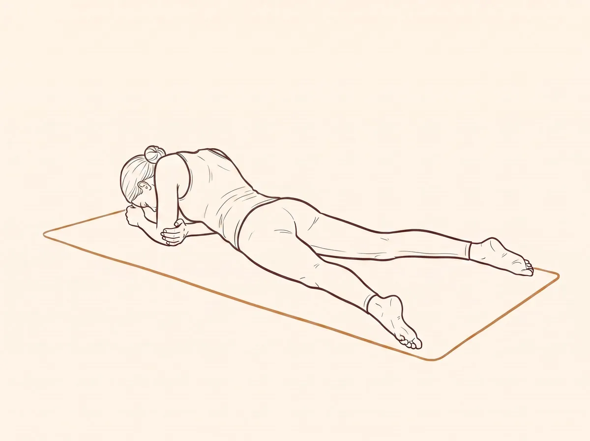 Ink line drawing of Crocodile Pose (Makarāsana) - final position