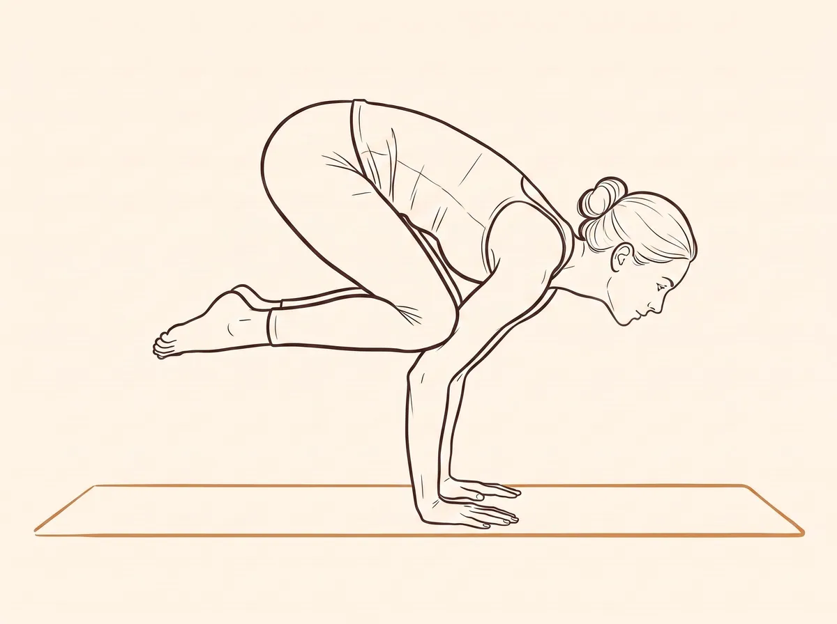 Ink line drawing of Crane Pose, Heels Drawn High (Bakāsana) - final position