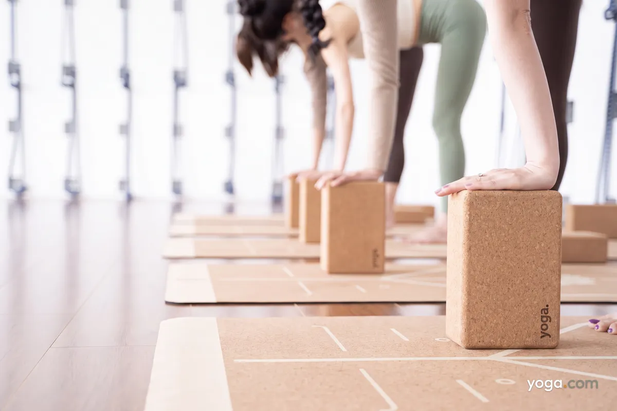 Students in leggings balance with their hands on cork yoga blocks during a class in a bright studio.