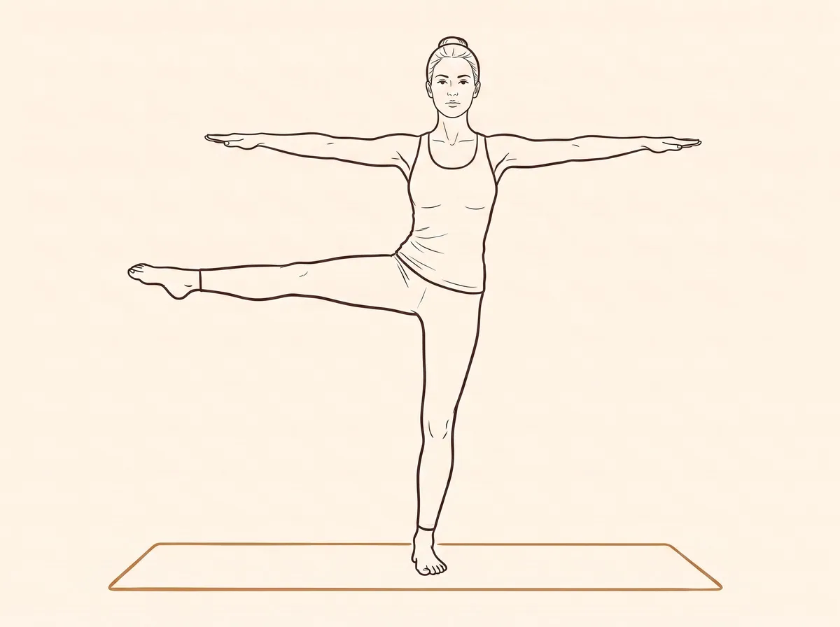 Ink line drawing of Advanced Extended Right Hand to Big Toe Pose (Utthita Hasta Pādāṅguṣṭhāsana) - final position