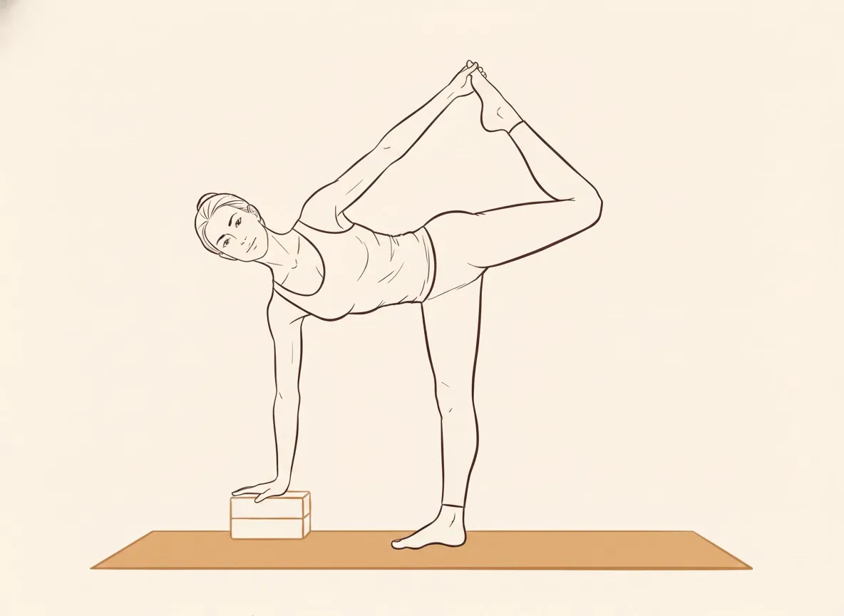Ink line drawing of Half Moon Pose with Stretch (Ardha Candrāsana)