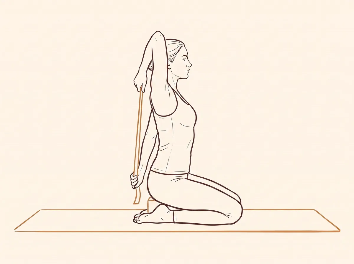 Ink line drawing of Hero Pose with Cow-Face Arms, Right Arm Up (Vīrāsana with Gomukhāsana arms) - final position