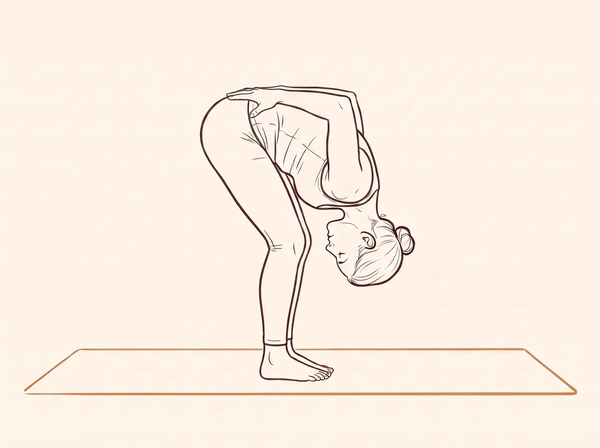 Ink line drawing of Forward Bend with Hands Against Back (Uttānāsana) - final position