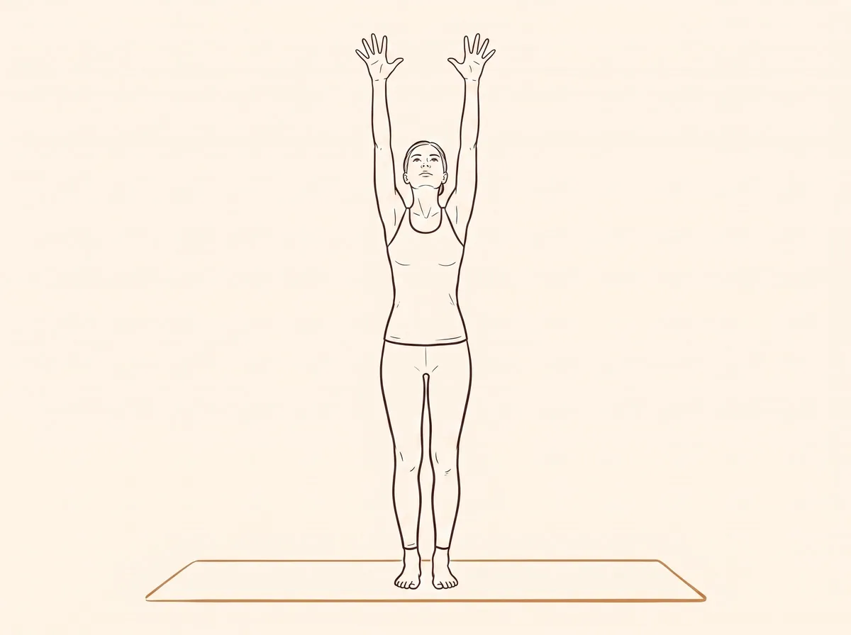 Ink line drawing, step 3: A woman stands in Mountain Pose with both arms reaching straight up toward the ceiling.