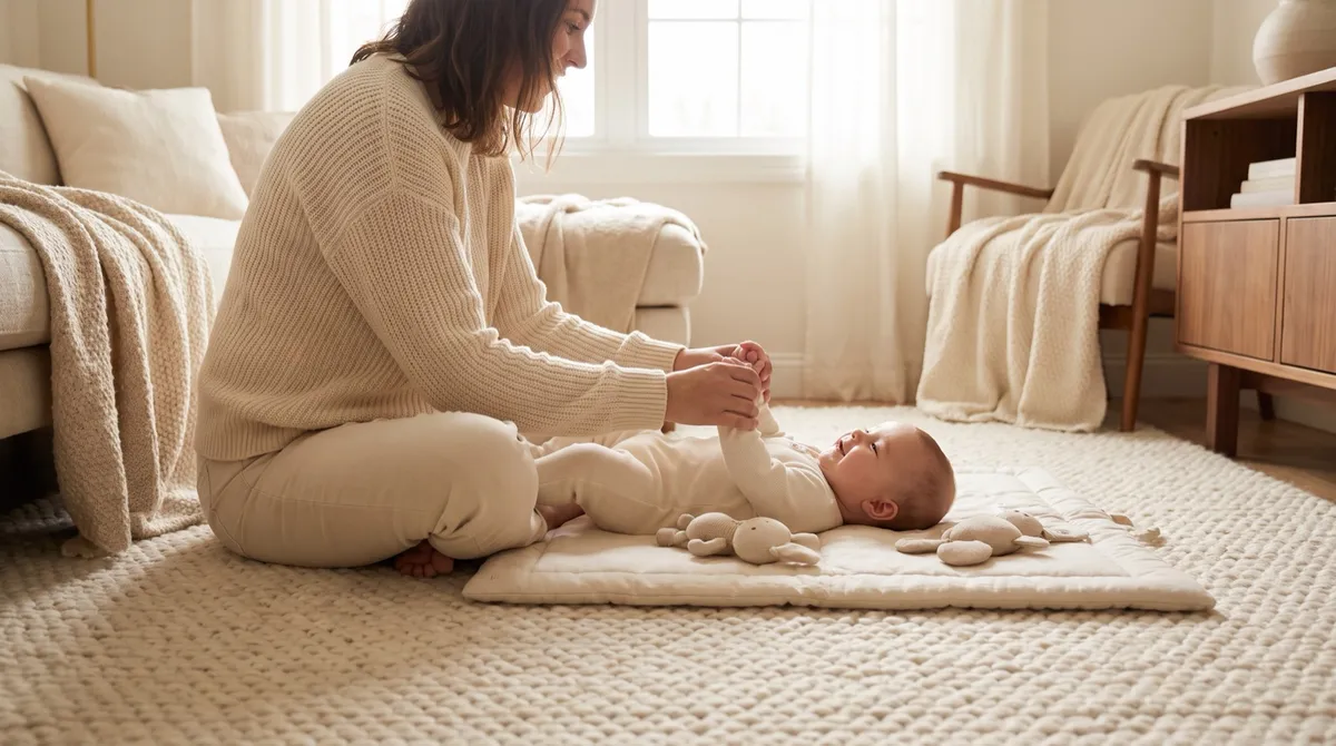 A parent gently holding a smiling baby during supported floor play, morning light