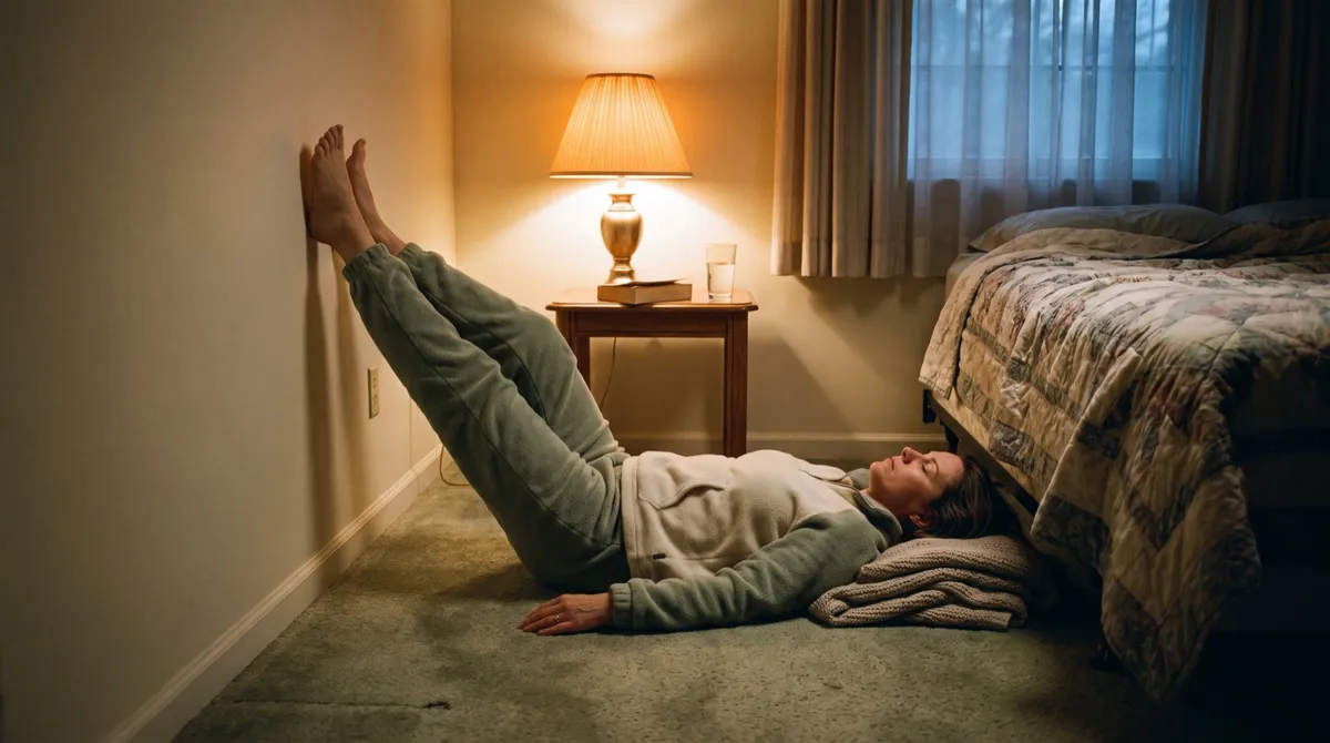 A woman lies on her bedroom floor at dusk with her legs resting up the wall beside the bed, eyes closed, lit by a warm bedside lamp