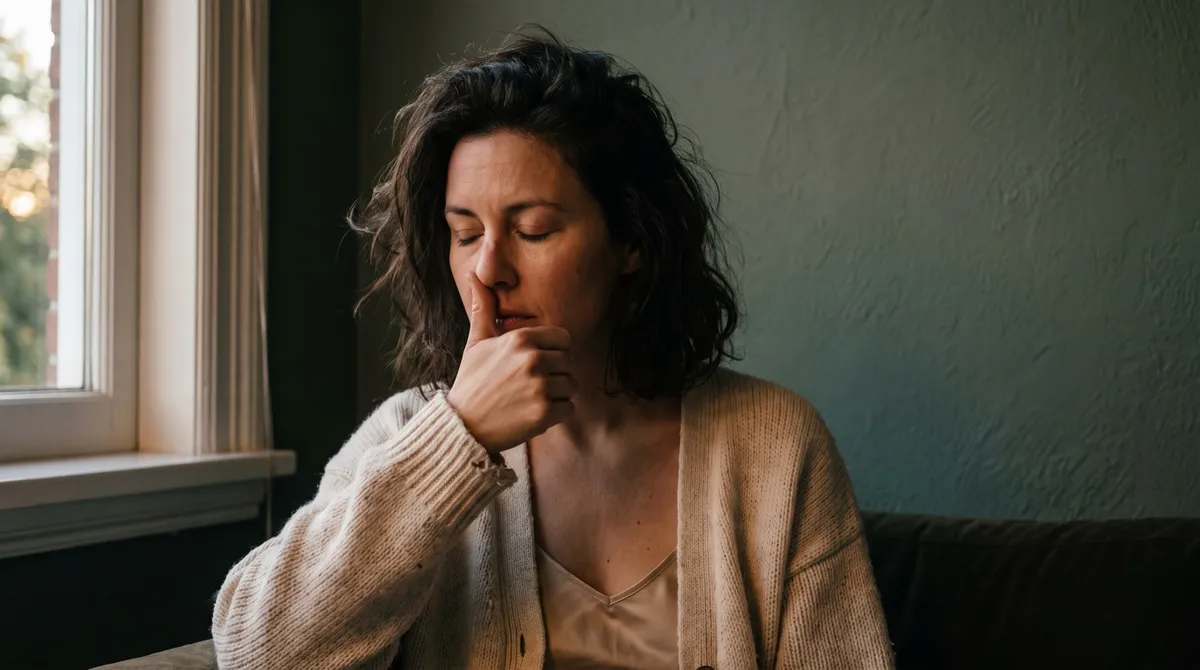 A woman with eyes closed, thumb resting by her nostril, dusk light