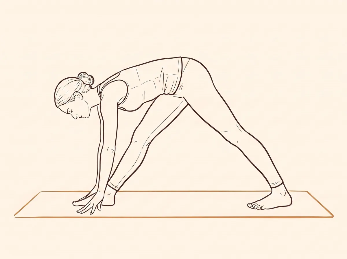 Ink line drawing of Intense Side Stretch Pose, Left Leg Forward (Pārśvottānāsana) - final position