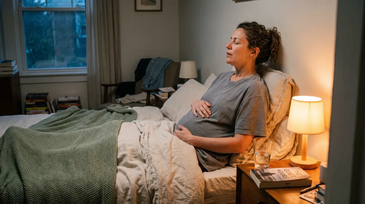A woman sits propped against her headboard at dusk, eyes closed, one hand resting on her belly, practicing slow breathing by warm lamplight