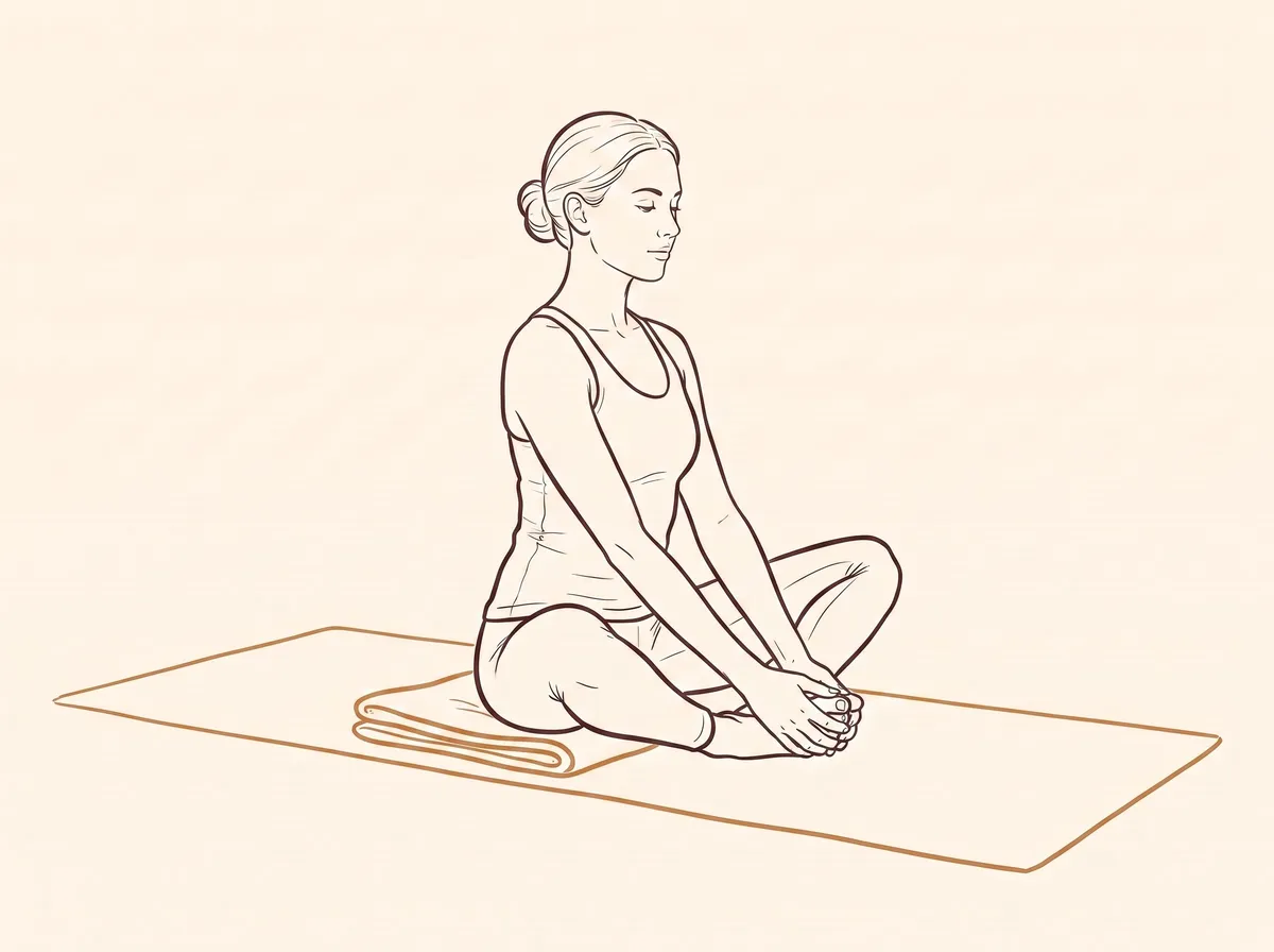 Ink line drawing of Bound Angle Pose (Baddha Koṇāsana)