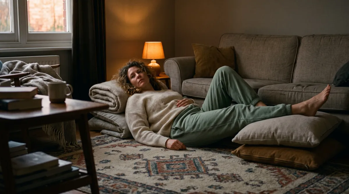 A woman rests in a supported reclining pose on a living-room rug at dusk, lit by a single warm lamp.