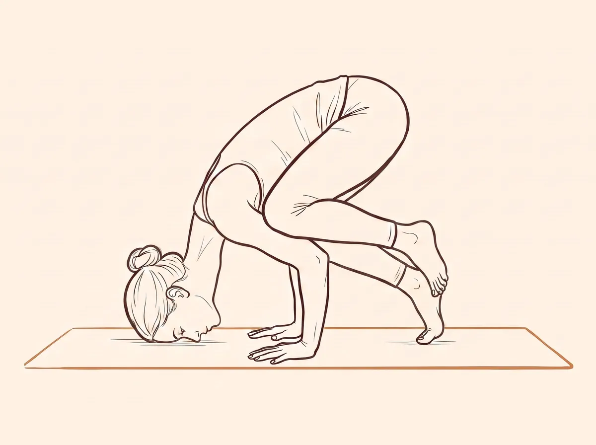 Ink line drawing, step 1: A woman in a crouch with hands and forehead on the mat, knees resting on her upper arms, toes on the floor.