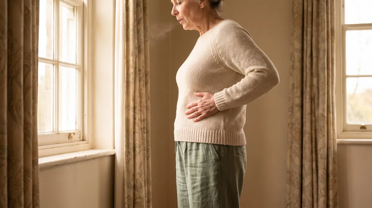 A person breathing calmly by a window, hand resting low on the ribs