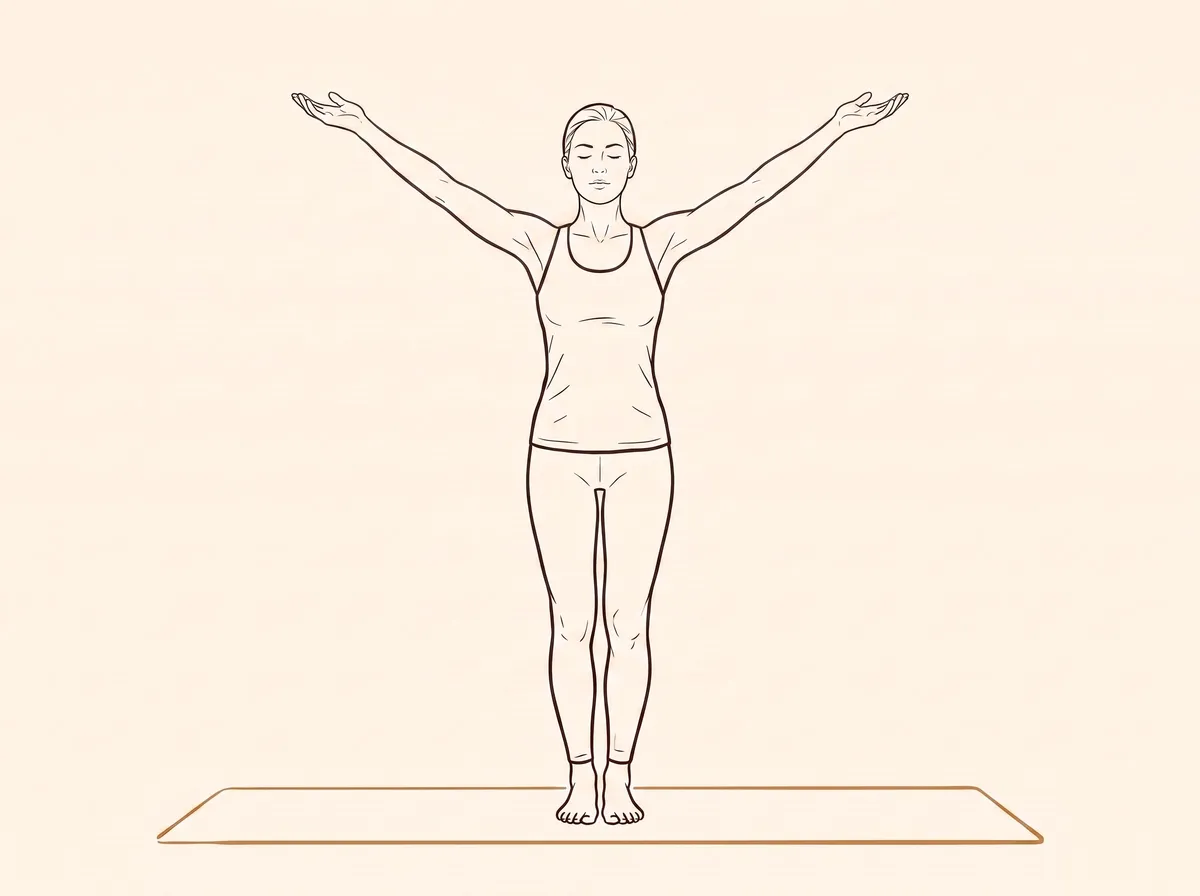 Ink line drawing, step 2: A woman stands tall while sweeping both arms out to the sides and upward.