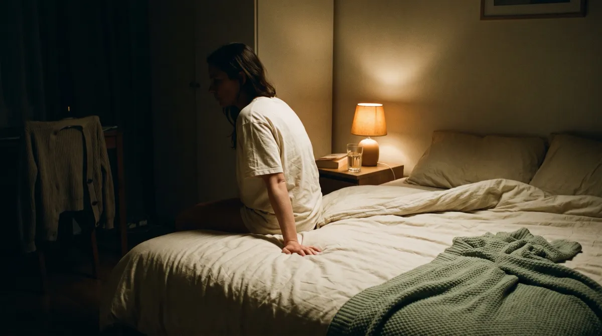 A woman sits awake on the edge of her bed in the middle of the night, lit only by a dim amber bedside lamp