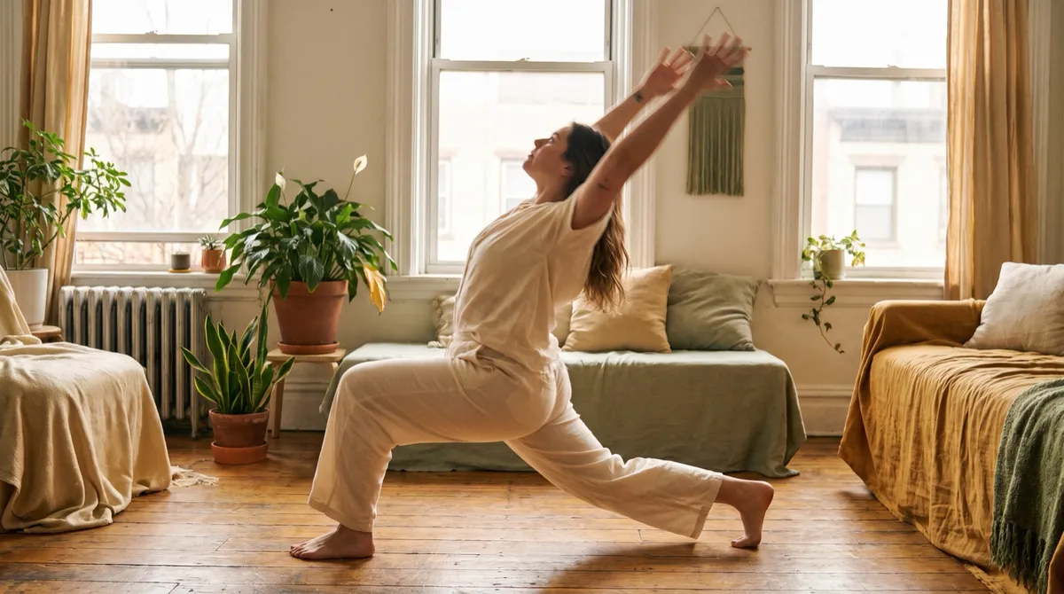 A person mid flowing yoga movement in a bright airy room