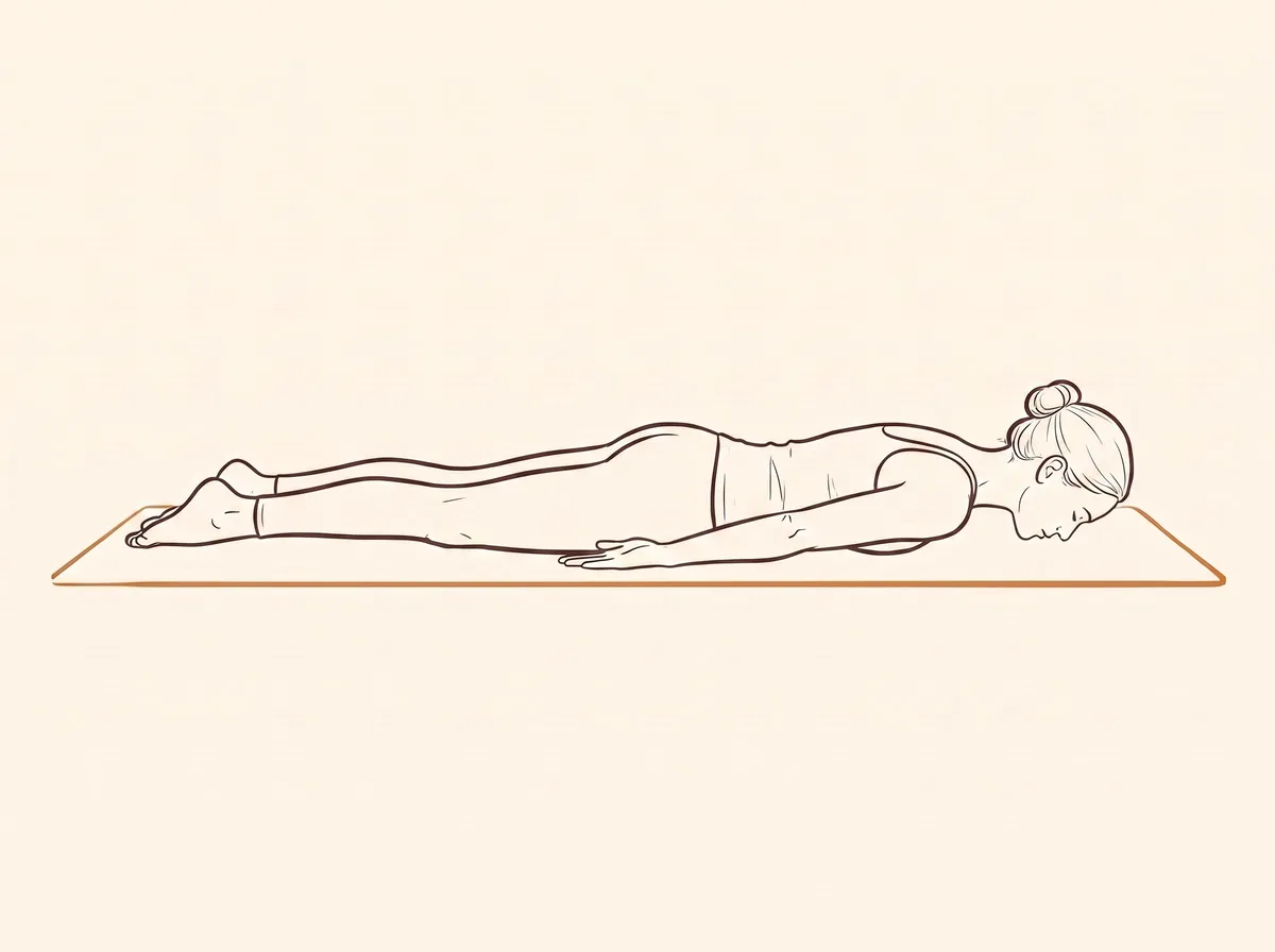 Ink line drawing, step 1: A woman lies face-down on a yoga mat with arms alongside her body and legs extended straight back.