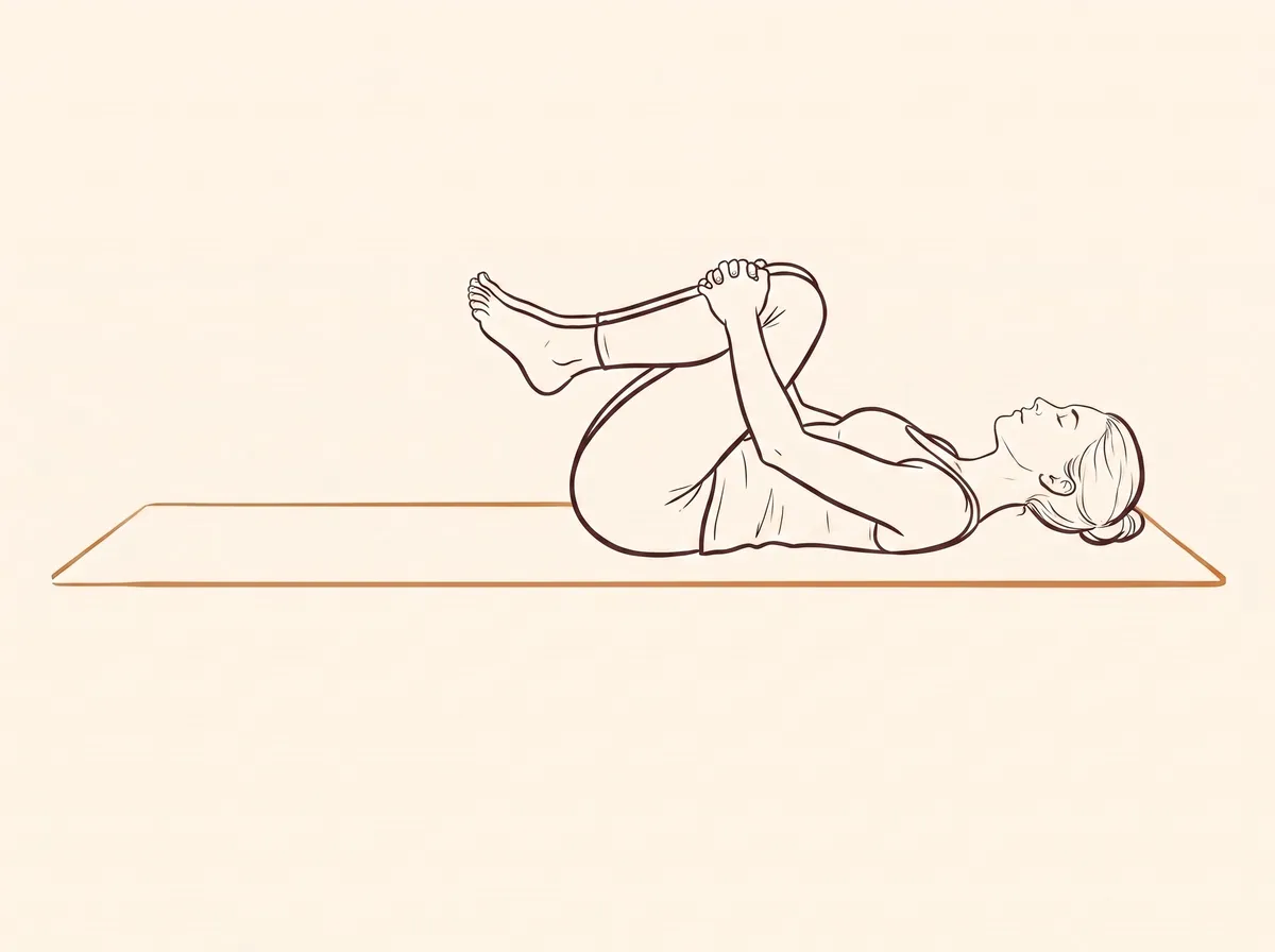 Ink line drawing, step 3: A woman lies on her back holding both knees into her chest with her hands on her shins.