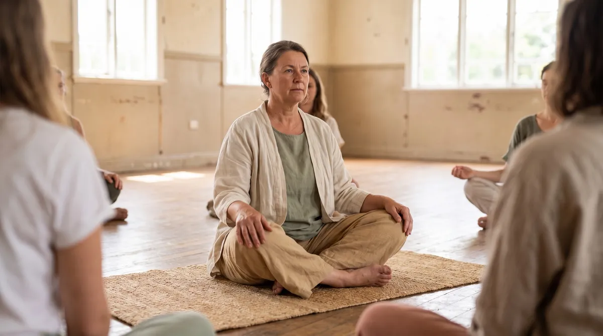 A strong seated posture on a mat, hands on knees, focused