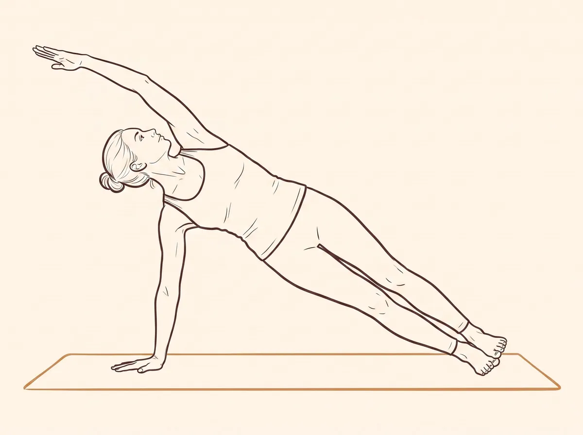 Ink line drawing of Side Plank with Overhead Arc, Right Arm Down (Vasiṣṭhāsana variation)