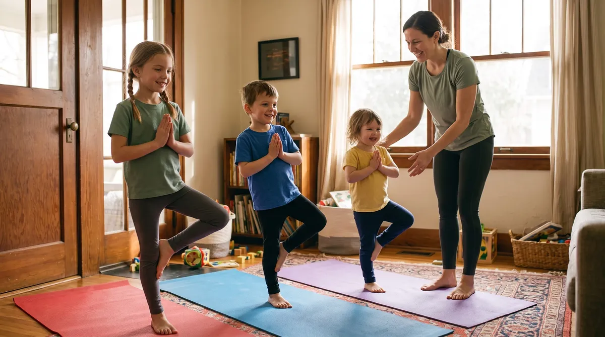 A small child in playful tree pose on a living-room rug, a parent nearby, warm afternoon light