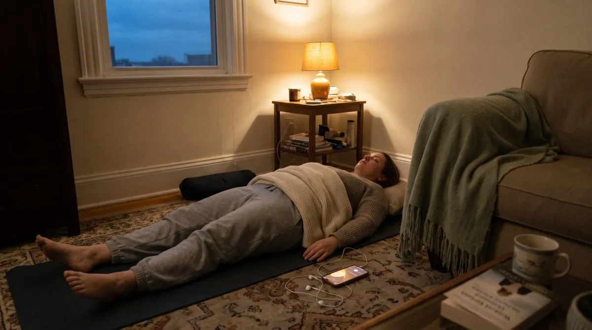 A woman lies on her back on a yoga mat on a living-room floor at dusk, eyes closed with a phone and earbuds beside her, resting in a guided yoga nidra practice by warm lamplight