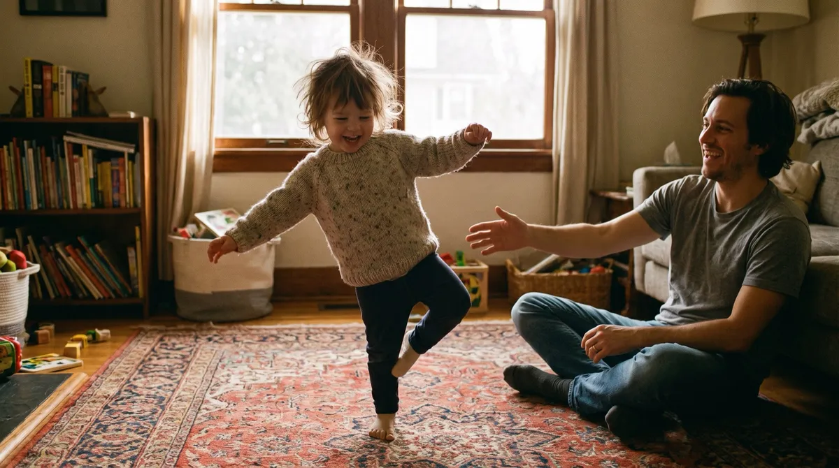 A small child in playful tree pose on a living-room rug, a parent nearby, warm afternoon light