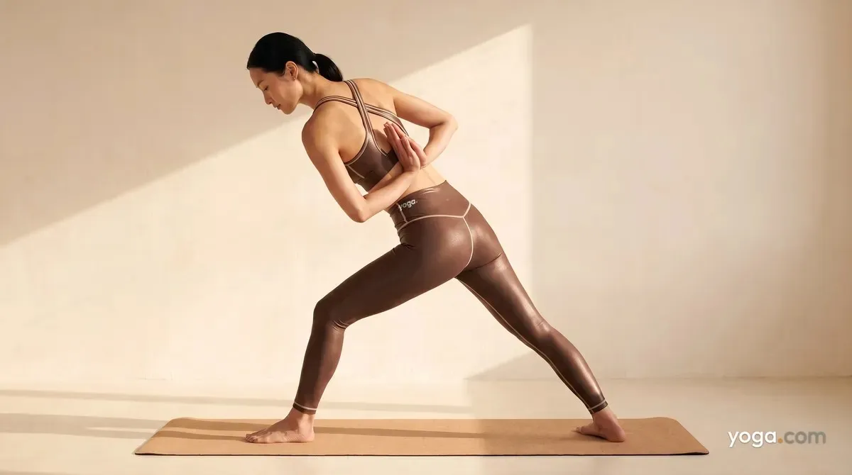 Intense Right Stretch Pose with Hands Behind Back in Namaste (Pārśvottānāsana) - tag item
