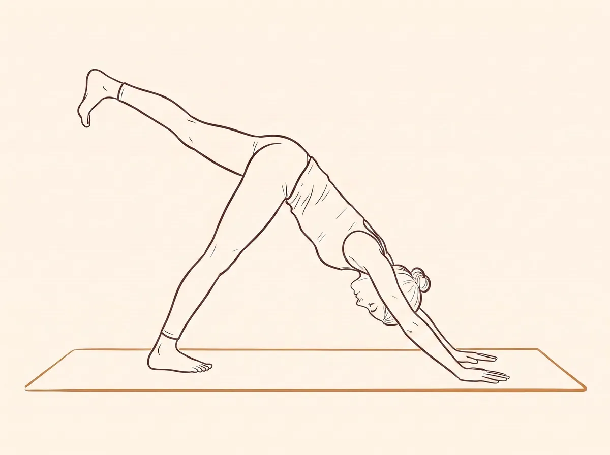 Ink line drawing of Downward-Facing Dog Pose with Right Leg Up (Adho Mukha Śvānāsana) - final position