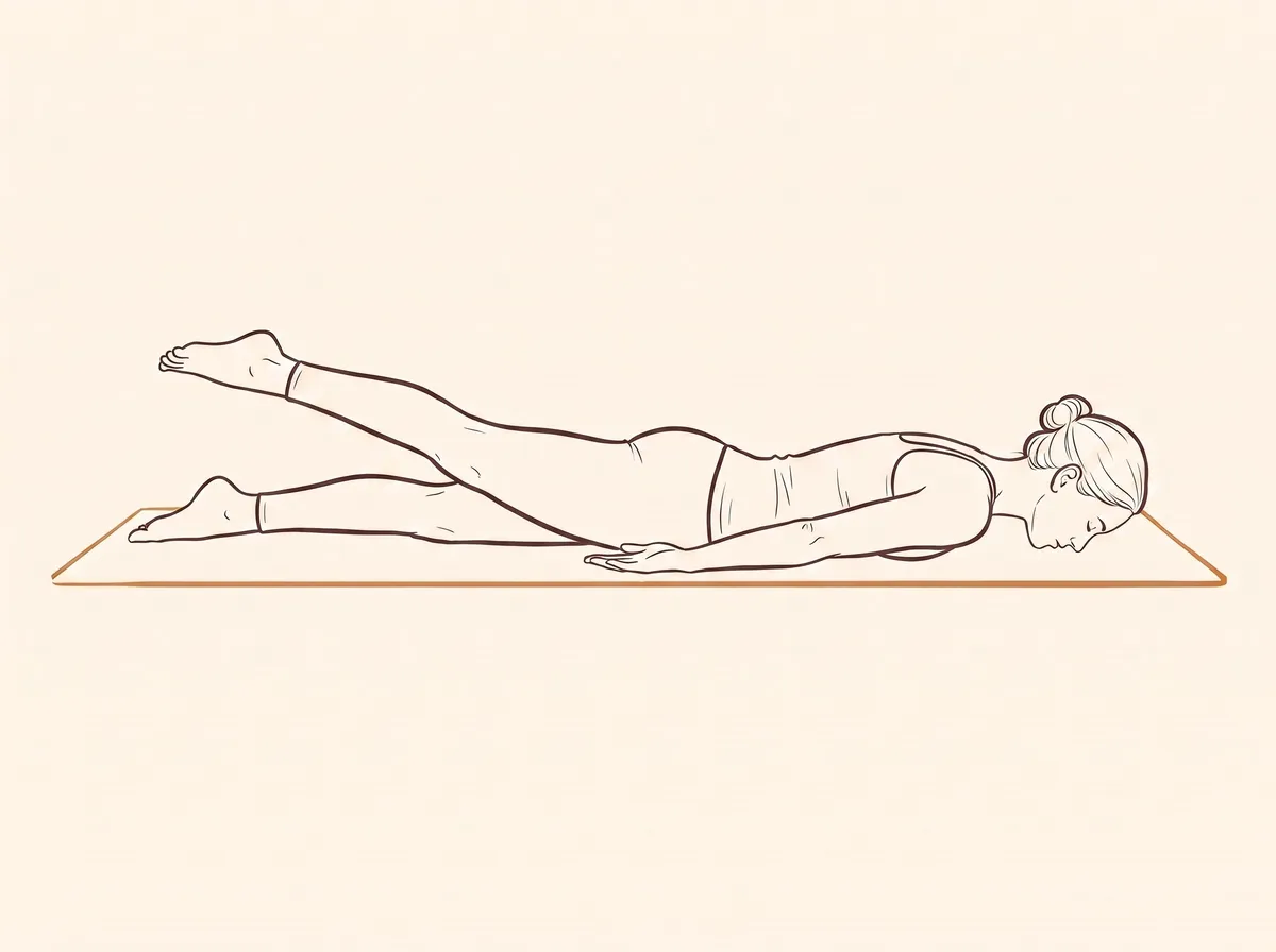 Ink line drawing, step 3: The woman holds the final pose with her left leg lifted moderately into the air, keeping her hips level and upper body grounded.