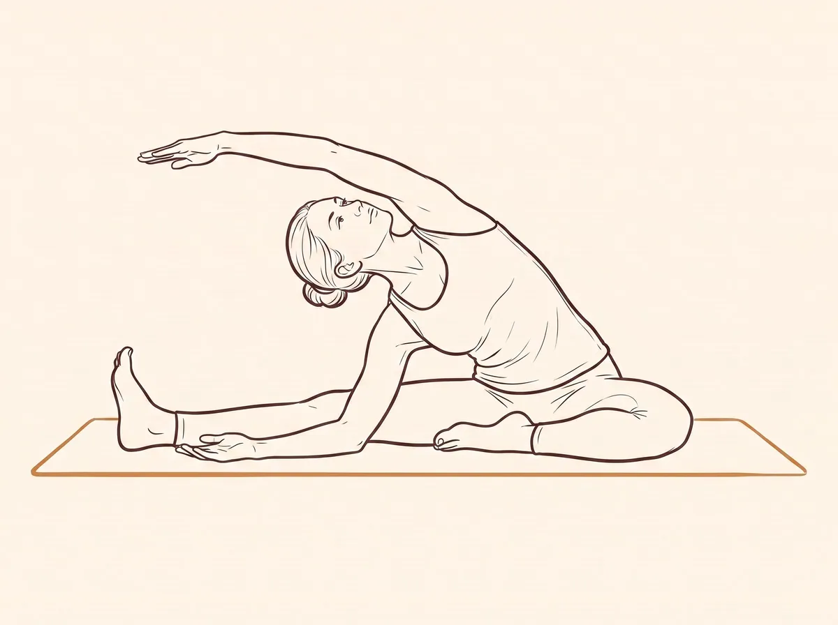 Ink line drawing of Bend to Right Leg with Rotation (Parivṛtta Jānuśīrṣāsana)