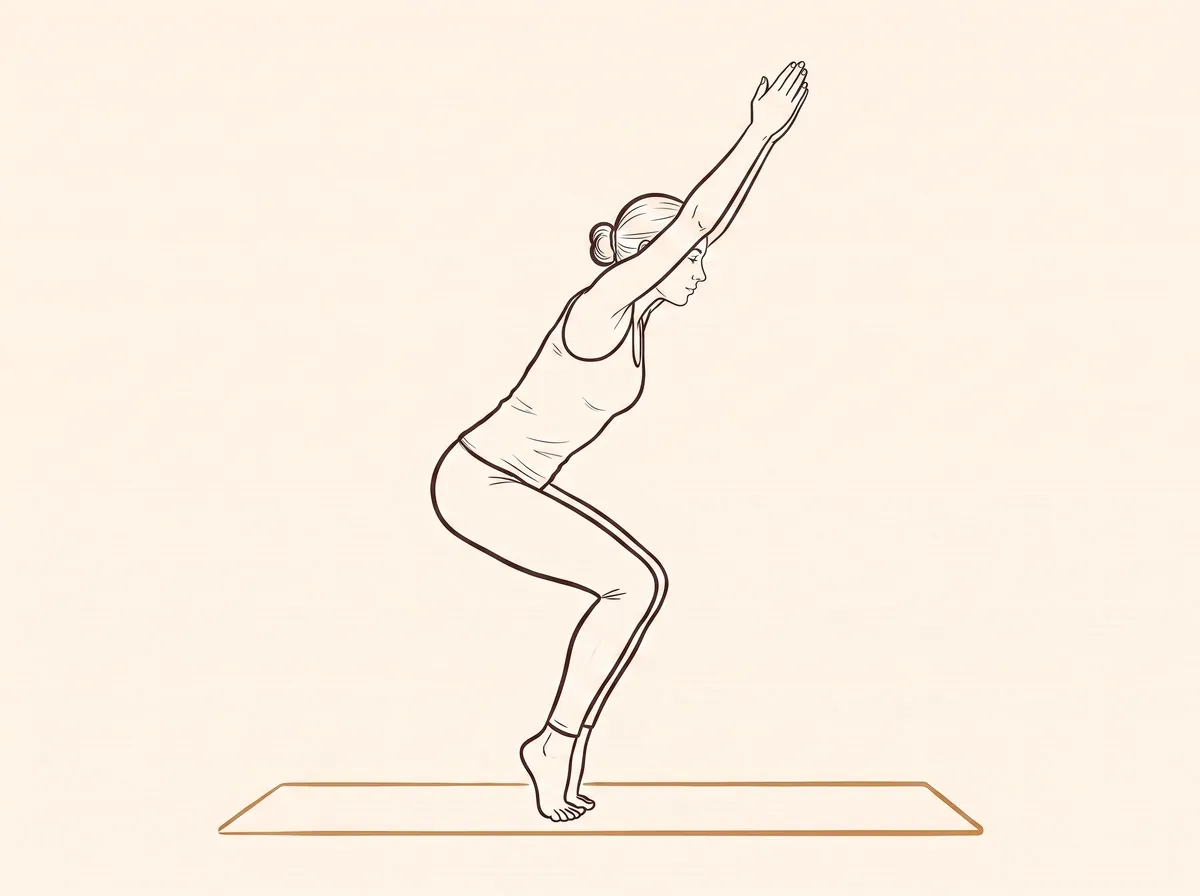 Ink line drawing of Chair Pose on Toes with Knees Together (Utkaṭāsana)