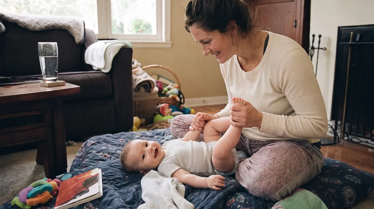A parent gently holding a smiling baby during supported floor play, morning light