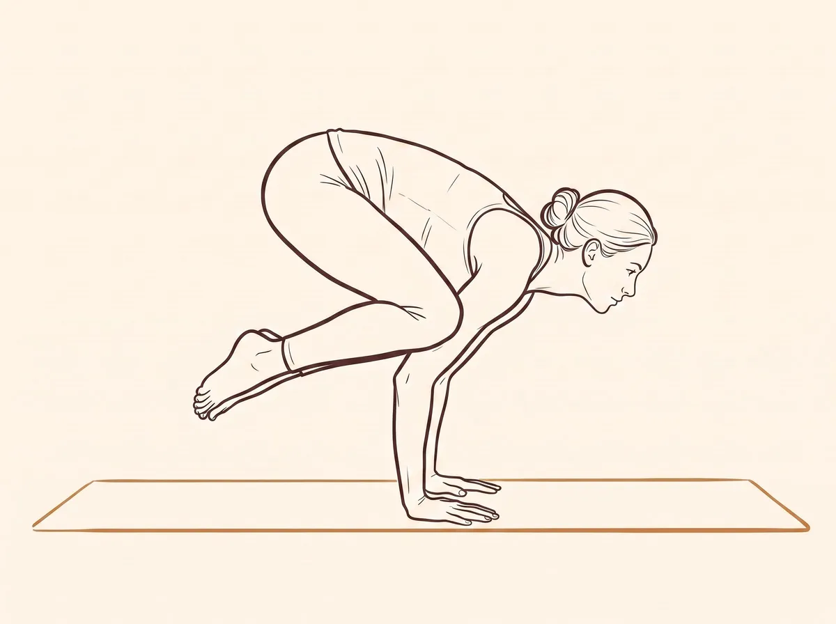 Ink line drawing of Crane Pose (Bakāsana) - final position