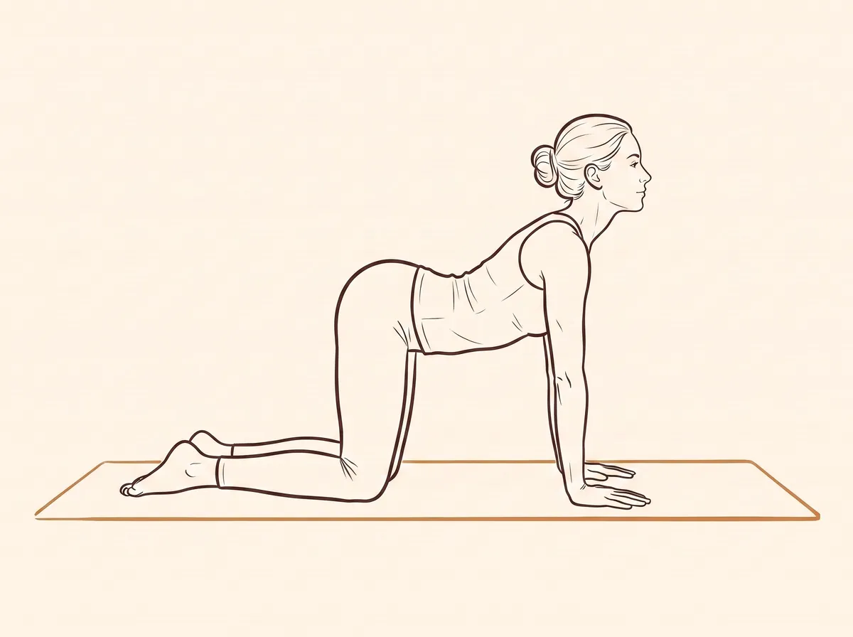 Ink line drawing of Cow Pose (Bitilāsana) - final position