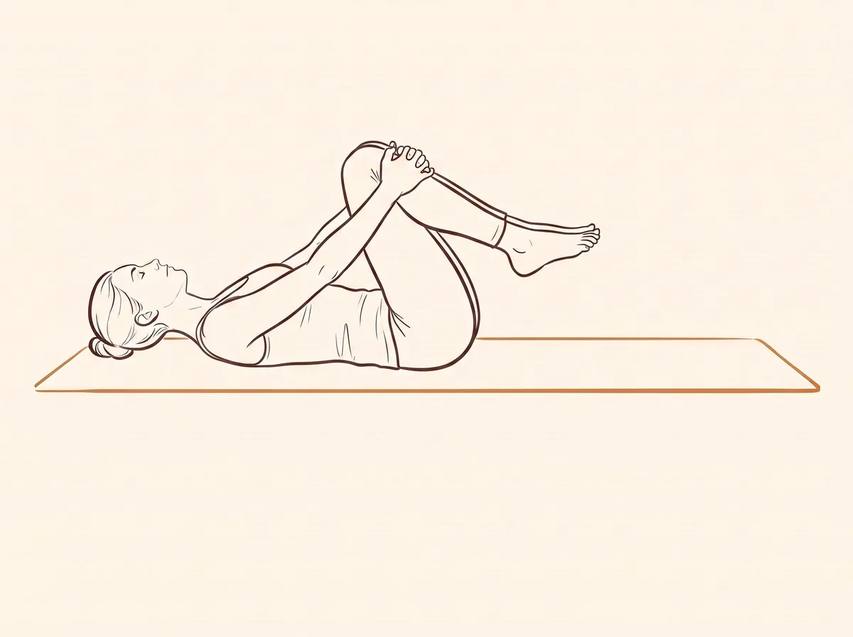 Ink line drawing, step 2: A woman lies on her back with both knees bent and feet flat on the floor.
