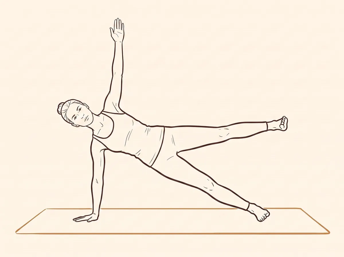 Ink line drawing of Side Plank Pose with Left Leg Up (Vasiṣṭhāsana) - final position