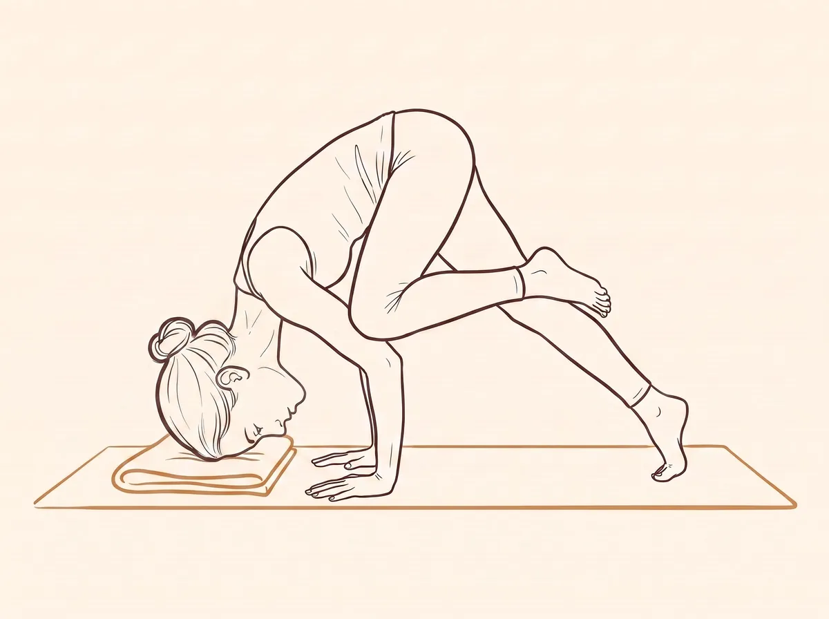 Ink line drawing, step 2: The woman leans forward, keeping her head on the mat, lifting her right foot toward her seat while her left toes stay on the floor.