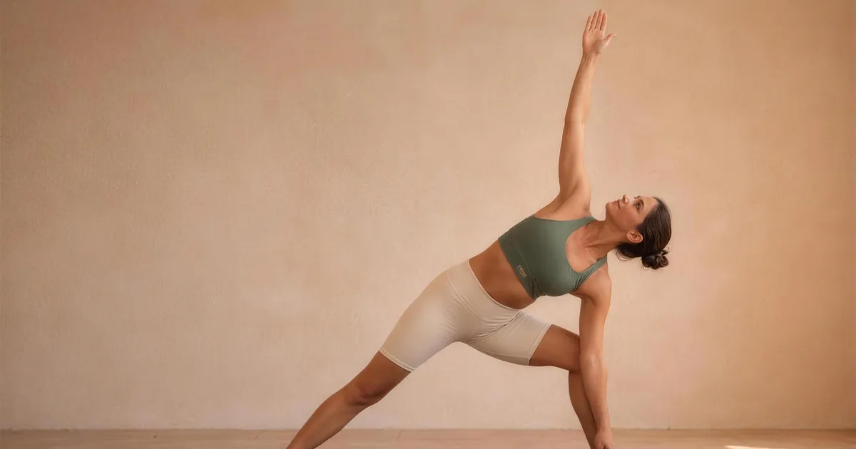 Bikram Triangle Pose (Right) (Utthita Trikoṇāsana, Bikram variation) - by Hannah Cole