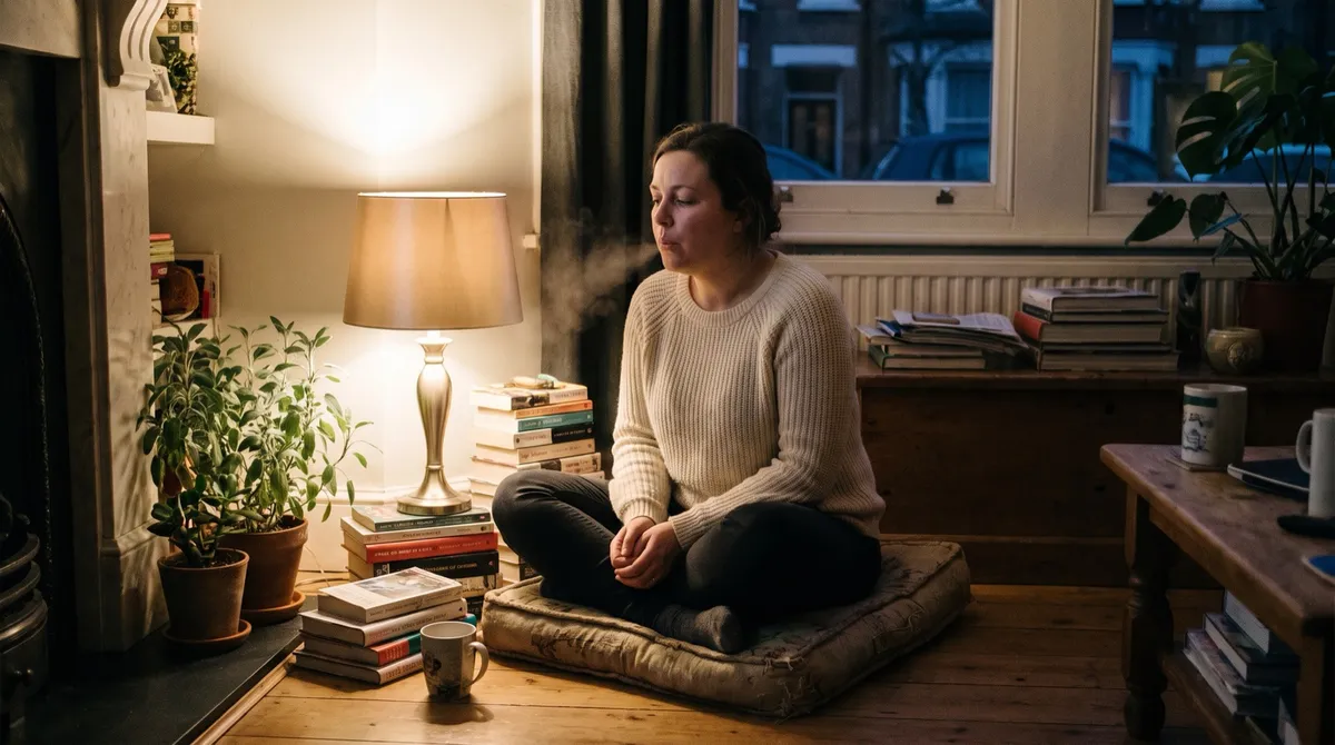 A woman seated upright on a cushion in lamplight, exhaling slowly